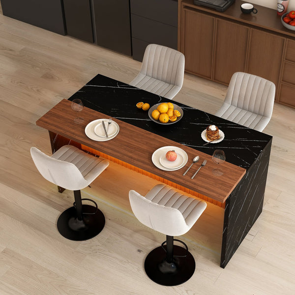 English Elm 63" Modern Kitchen Island Set With 4 Gray Bar Stools - Elegant Black Marble, Led Lights & Versatile Design W2699S00071