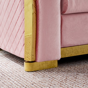 English Elm 106 Inch Velvet Tufted Chesterfield Sectional with Gold Steel Legs for Large Living Rooms Pink W1191S00129