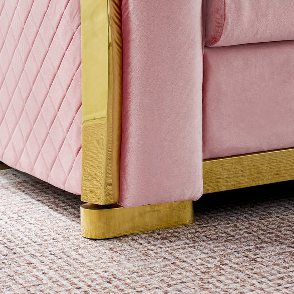 English Elm 106 Inch Velvet Tufted Chesterfield Sectional with Gold Steel Legs for Large Living Rooms Pink W1191S00129