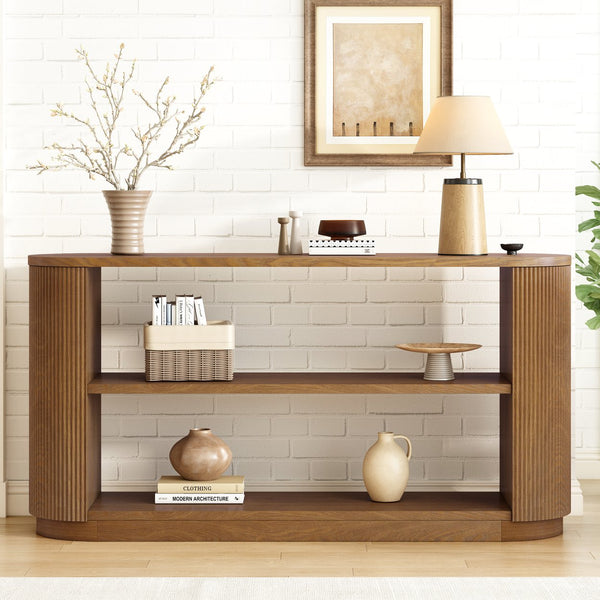 English Elm Mirod Fluted Ash Veneer Console Table with Three Open Tiers for Entryway N760P281359D