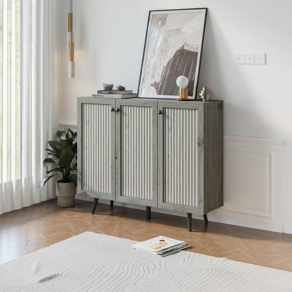 English Elm Storage Cabinet With Three Doors - Versatile Gray Sideboard Buffet With Adjustable Shelves & Easy Setup W2702P202503-GIGA