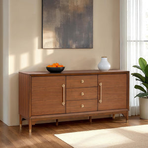 English Elm 1pc Mid-century Walnut Veneer Dining Server with Gold Legs and Bar Pull Hardware B2741P446683
