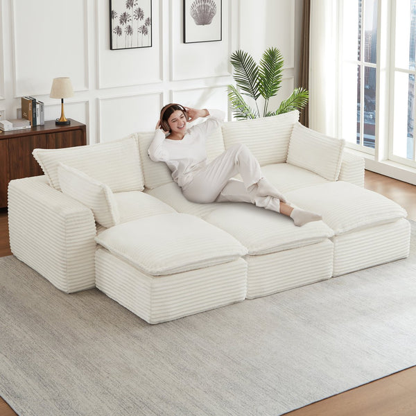 English Elm Cloud Corduroy Sectional Sofa Plush Modular L-shape with Ottoman for Living Room W2339S00139