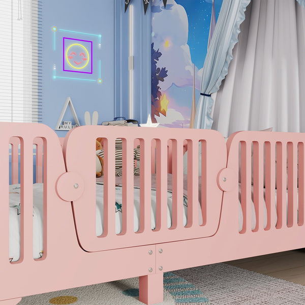 English Elm Twin Montessori Floor Bed with Safety Rails Hinged Door and Plywood Slats for Kids Pink W2593P381410
