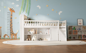 English Elm Queen Loft Bed with Open Shelving Built-in Led Light White Wood Frame N7090005025K