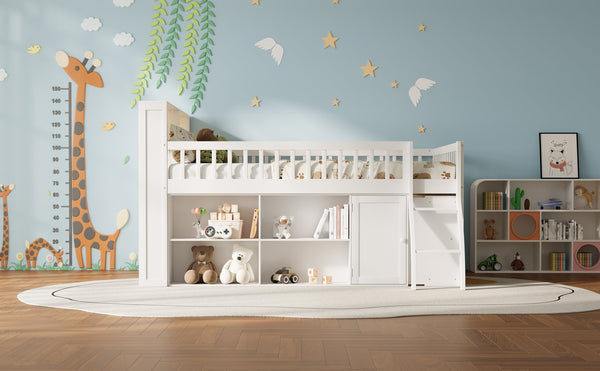 English Elm Queen Loft Bed with Open Shelving Built-in Led Light White Wood Frame N7090005025K