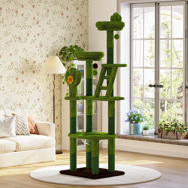 English Elm 72in Cactus Cat Tower Sisal Posts Plush Perches Capsule Pod Multi-level Climb Green W1578P447627