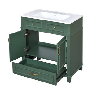 English Elm 30'' Bathroom Vanity with Sink - Retro Solid Wood Frame, Ceramic Basin, Soft-Close Doors & Ample Storage Green N710P190656F