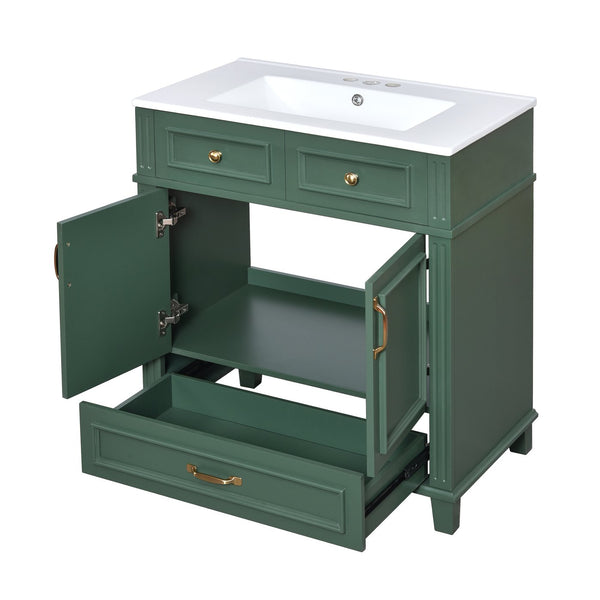 English Elm 30'' Bathroom Vanity with Sink - Retro Solid Wood Frame, Ceramic Basin, Soft-Close Doors & Ample Storage Green N710P190656F