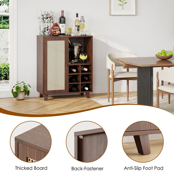 English Elm Rattan Cane Front Sideboard with Drawers Adjustable Shelf Bohemian Storage Cabinet Walnut T3623P434765