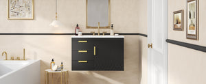 English Elm 30" Wall Mounted Bathroom Vanity with Ceramic Basin Sink, Floating Storage, Soft-Close Doors, Modern Elegance Black N710P324096B