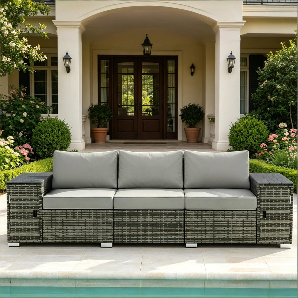English Elm Comfortable Pe Wicker Outdoor Sofa with Hidden Storage Armrests and Steel Frame Patio Seating Brown,Cream White T3971S00247