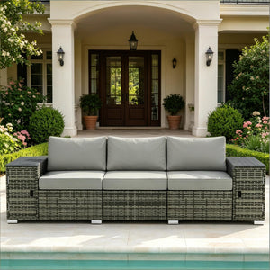 English Elm Comfortable Pe Wicker Outdoor Sofa with Hidden Storage Armrests and Steel Frame Patio Seating Gray T3971S00248