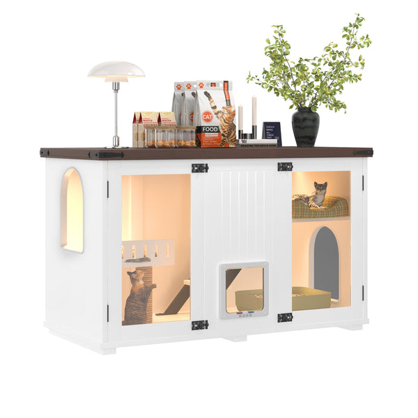 English Elm 47.25" Modern Cat Litter Box Enclosure with LED, Stairs & Scratcher, Smart Door Cabinet Side Table N704P270707K