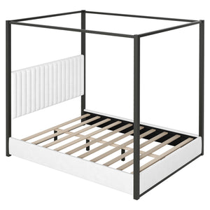 English Elm Queen Velvet Upholstered Canopy Bed White Metal 4 Poster Frame No Box Spring GX001031AAB