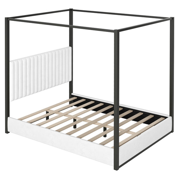 English Elm Queen Velvet Upholstered Canopy Bed White Metal 4 Poster Frame No Box Spring GX001031AAB