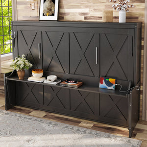 English Elm Queen Murphy Bed with Fold Down Desk Led Lighting and Usb Port for Home Office Dark Gray W1580S00457