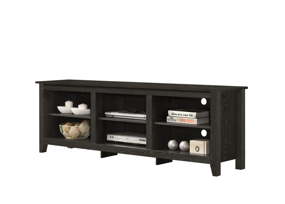 English Elm Tropea 58 Inch Open Shelf Media Console with Oak Finish and Cord Management Dark Gray B2749P413250