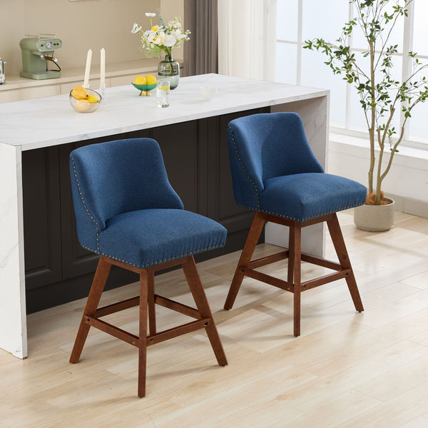 English Elm Counter Curved Back Swivel Barstool Set of 2 with Thick Foam & Steel Spring Cushion, 360° Rotation, 300lb Capacity Blue W1143P237897