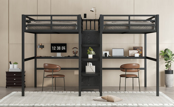 English Elm Twin Metal Loft Bed With Dual Desks, Wardrobe, Shelves & Power Outlet For Ultimate Space-Saving Design W1580S00114-GIGA