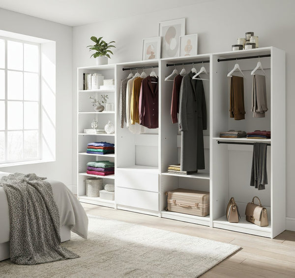English Elm Prosper White Freestanding Walk-In Wood Closet System with Oak Finish, Ample Modular Storage & Easy Assembly B040S00147