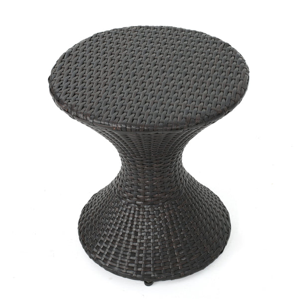English Elm Outdoor Wicker Hourglass Side Table Sculptural Rattan Weave Patio Accent N773P362081B