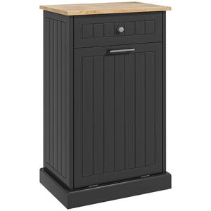 English Elm HOMCOM Tilt-Out Kitchen Trash Cabinet with Drawer and Oak Top Space-Saving Pet-Safe Organizer Black W2225P229386