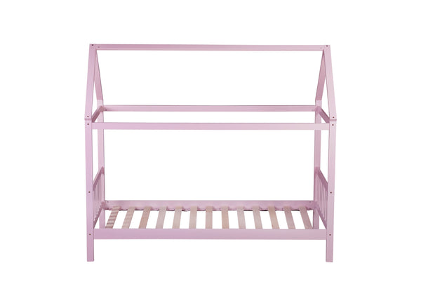 English Elm Twin House Bed with Headboard and Footboard — Space-Saving Rubberwood Frame, Playful Architectural Design Pink W504P225964