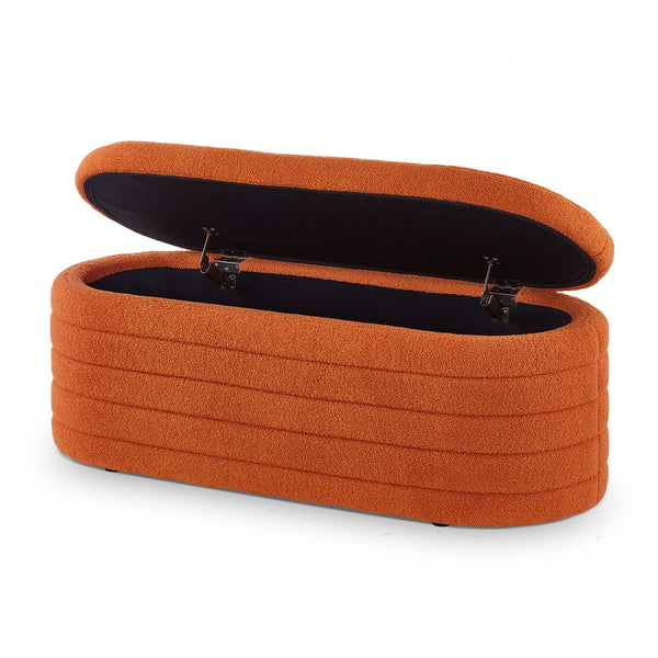 English Elm Modern Boucle Upholstered Oval Bench with Hinged Lid Storage for Bedroom Entryway Orange W2186P193119