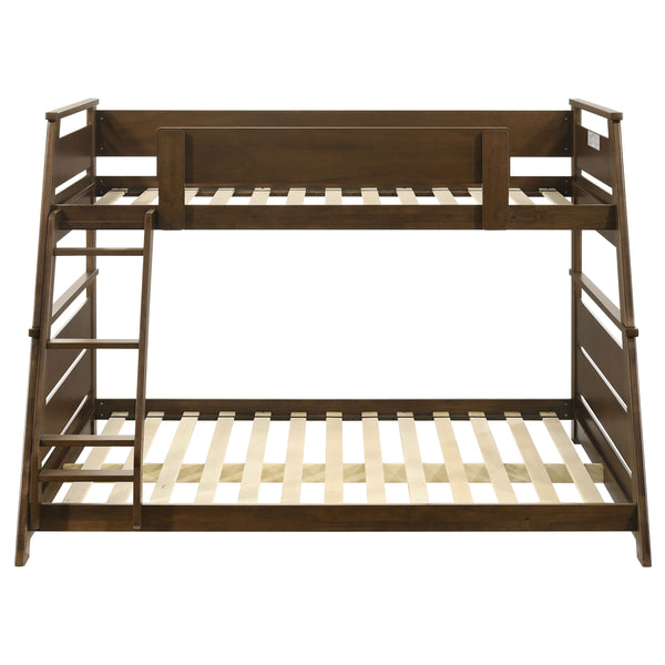 English Elm Reeder Walnut Finish Twin Over Full Bunk Bed Solid Wood Frame for Kids Shared Rooms B062S01557