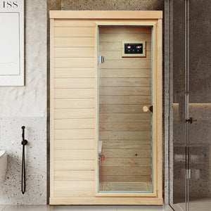 English Elm Hemlock Solid Wood Single Person Far Infrared Sauna with Bluetooth and Lcd Controls W632S00008
