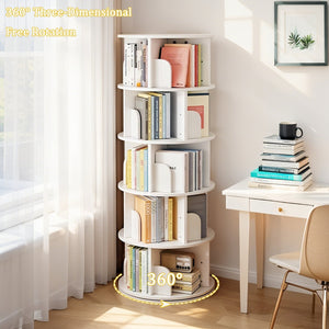 English Elm 5 Tier Rotating Bookshelf Tower with Curved Edges, 360° Smooth Spin, Stable Double-Layer Base, Space-Saving Storage White W3204P293743