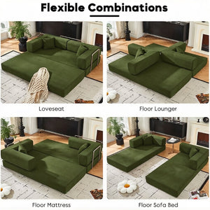 English Elm Convertible Corduroy Floor Sofa with Folding Sleeper and Bolster Pillow for Apartments Green W5638P460475