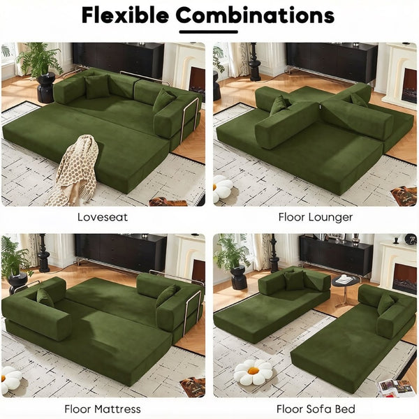 English Elm Convertible Corduroy Floor Sofa with Folding Sleeper and Bolster Pillow for Apartments Green W5638P460475