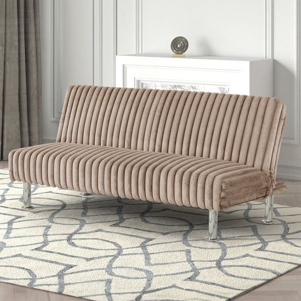 English Elm Futon Modern convertible sofa bed with chrome-reinforced metal legs, foam cushions, sleek engineered frame taupe 67 L x 41 W x 9 H B2741P364373