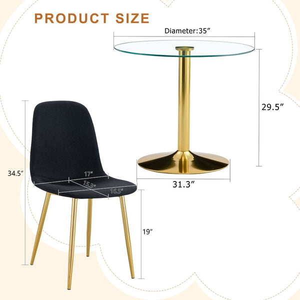 English Elm Table And Chair Set - 35" Round Transparent Tempered Glass Top With Gold Metal Base & 4 Black Chairs W1151S03700-GIGA
