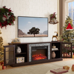 English Elm 70" Modern TV Stand with 23" Electric Fireplace, Faux Stone Mantel, Ample Storage & Cable Management Cherry W2275S00023