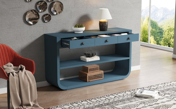English Elm [video] Sculptural Console Table Pine Wood Curved Legs Soft-close Drawers Open Shelving Entryway Blue N759P433560C