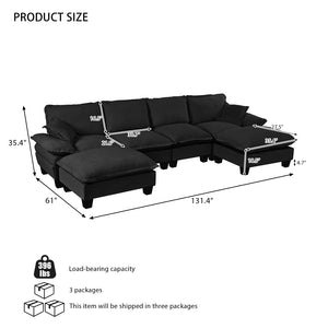 English Elm Modular U-shape Chenille Cloud Sectional with Sculptural Sailboat Arms Six Seats Black W3163S00127