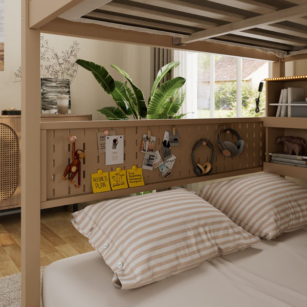 English Elm Full Over Bunk Bed with Led Lighting Pegboard Shelving and Pine Wood Frame Beige LT000278AAA