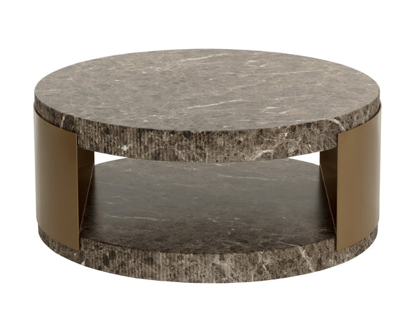 Sunpan CAVETTE Coffee Table - Elegant Dark Emperador Marble Look with Brass Frame for Modern Living Rooms 112634