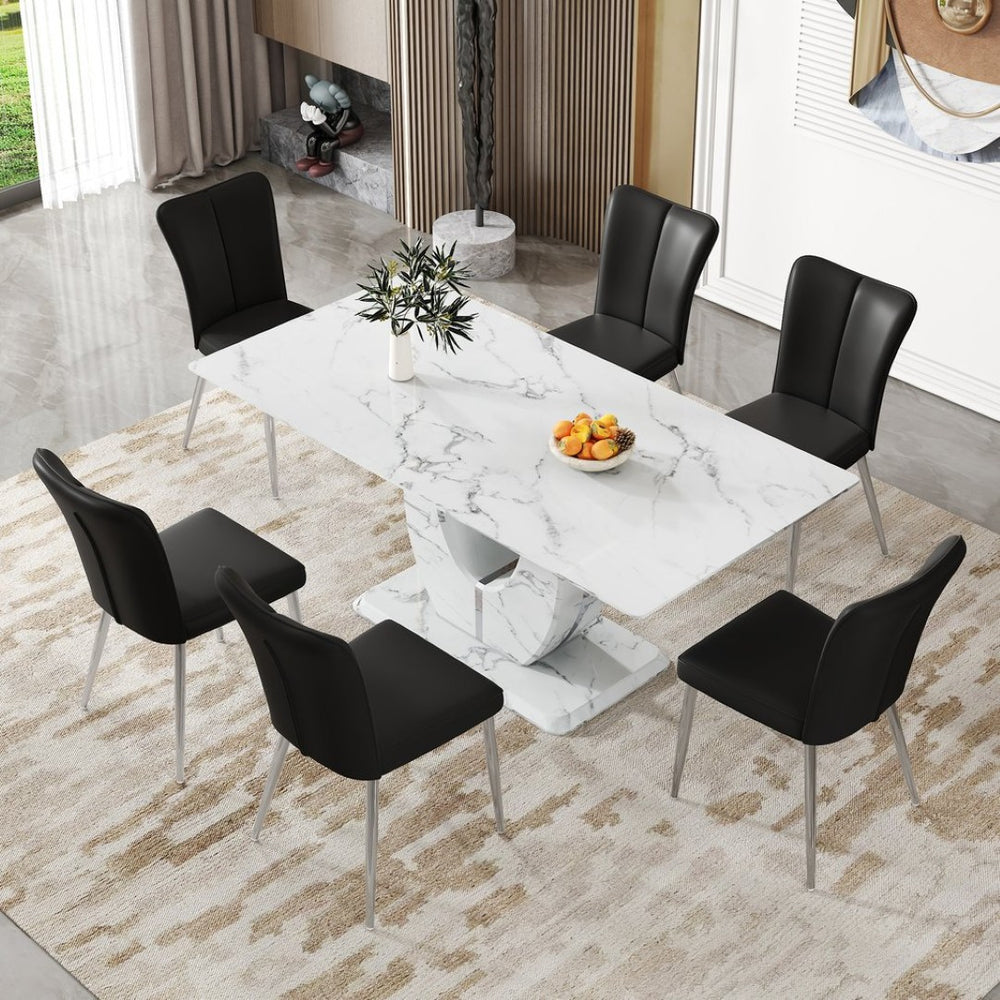 English Elm Table and Chair Set Modern Marble Glass Top Dining with Six Pu Leather Seats W1151S02125