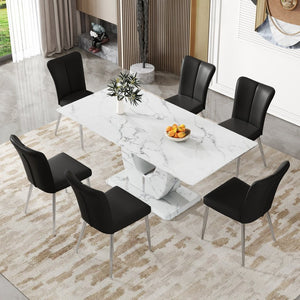 English Elm Table and Chair Set Modern Marble Glass Top Dining with Six Pu Leather Seats W1151S02125
