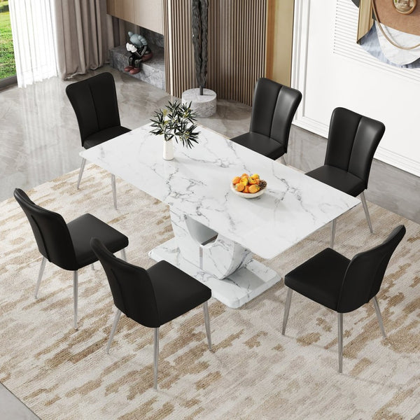 English Elm Table and Chair Set Modern Marble Glass Top Dining with Six Pu Leather Seats W1151S02125