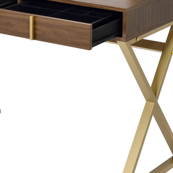 English Elm Coleen Elegant Walnut Vanity Desk with Mirror, Metal Frame, 2 Drawers & Jewelry Tray for Glam Makeup Gold,Walnut 48.8 L x 23.25 W x 9.8 H B2726P315741