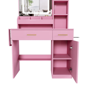English Elm Vanity Desk with Led Mirror Power Station 3 Drawers Shelves and Makeup Stool W2700P342539