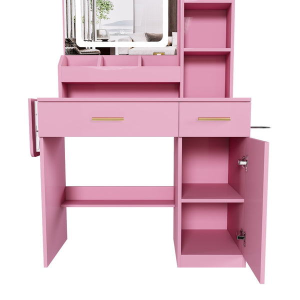English Elm Vanity Desk with Led Mirror Power Station 3 Drawers Shelves and Makeup Stool W2700P342539