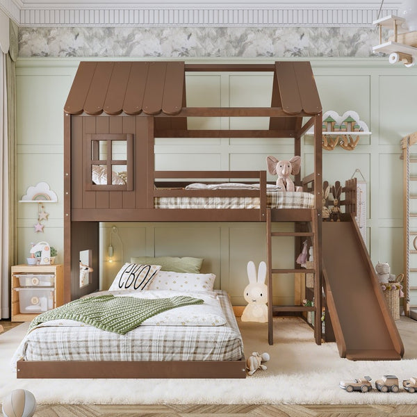 English Elm Twin Over Full Playhouse Bunk Bed with Slide Ladder Storage Shelves and Wardrobe Antique Natural W5305S00041