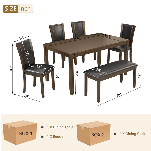 English Elm 6-Piece Farmhouse Dining Table Set With Bench & Chairs, Rustic Dark Walnut Finish For 6 People W1998S00065