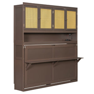 English Elm Twin Murphy Bed with Rattan Cabinet Doors Led Lighting and Usb Charging for Small Spaces Espresso LP000740AAP